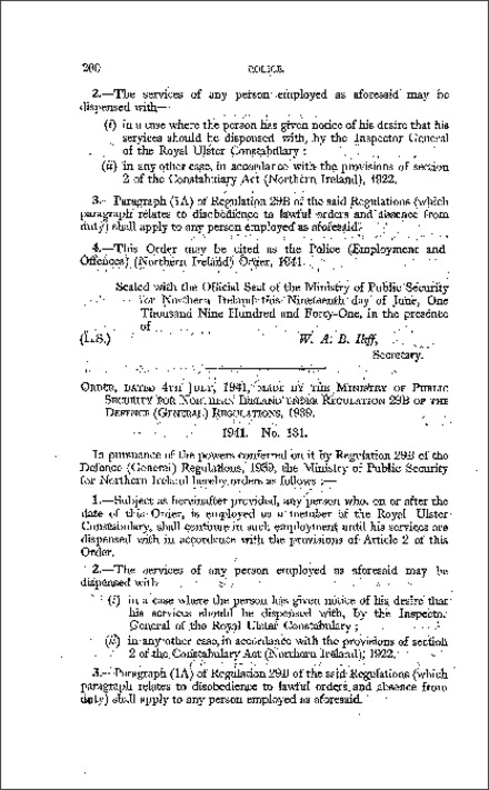 The Police (Employment and Offences) (No. 2) Order (Northern Ireland) 1941