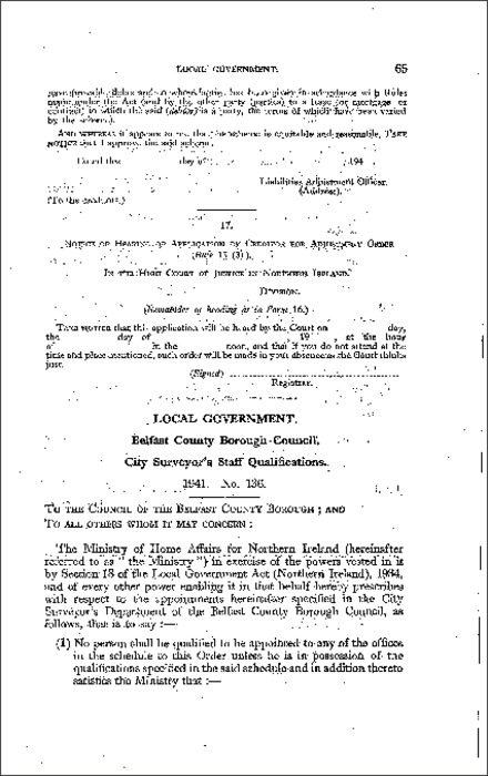 The Belfast County Borough Council (City Surveyor's Staff Qualifications) Order (Northern Ireland) 1941