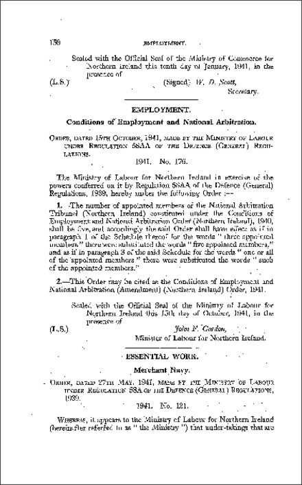 The Conditions of Employment and National Arbitration (Amendment) Order (Northern Ireland) 1941