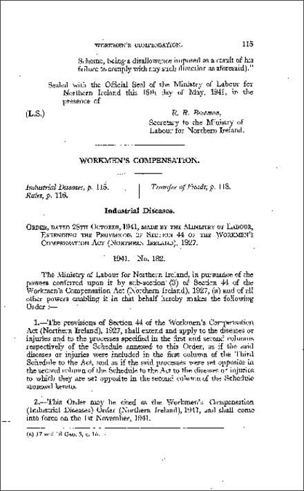 The Workmen's Compensation (Industrial Diseases) Order (Northern Ireland) 1941