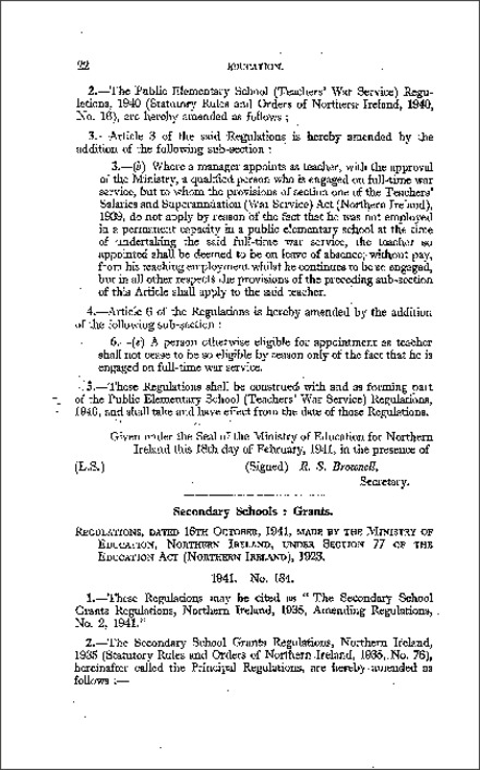 The Secondary School Grants Amendment No. 2 Regulations (Northern Ireland) 1941