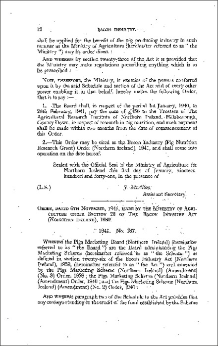 The Bacon Industry (Pig Nutrition Research Grant) (No. 2) Order (Northern Ireland) 1941