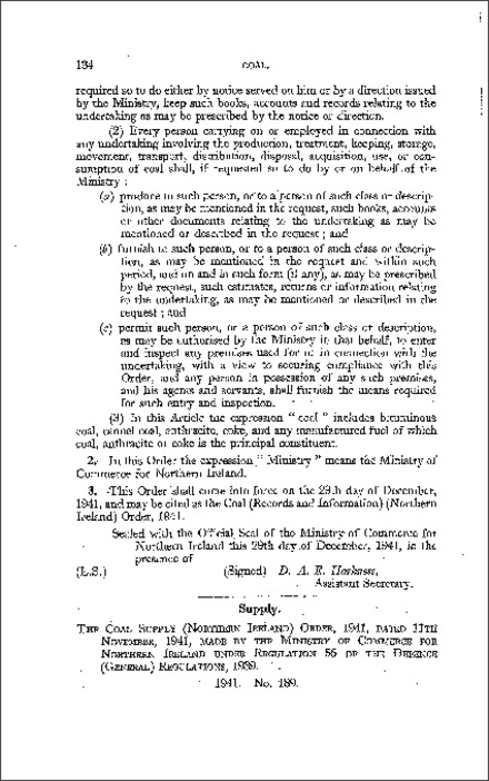 The Coal Supply Order (Northern Ireland) 1941