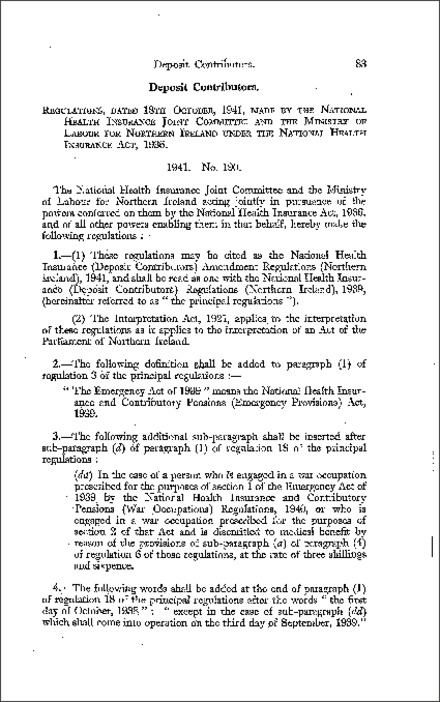 The National Health Insurance (Deposit Contributors) Amendment Regulations (Northern Ireland) 1941