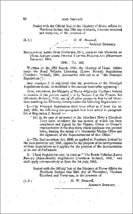The Roads Vehicles (Leave Permit) (Amendment) Regulations (Northern Ireland) 1941