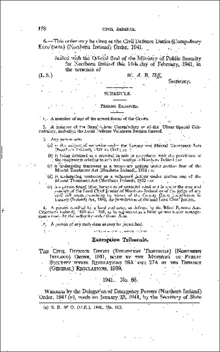 The Civil Defence Duties (Exemption Tribunals) Order (Northern Ireland) 1941