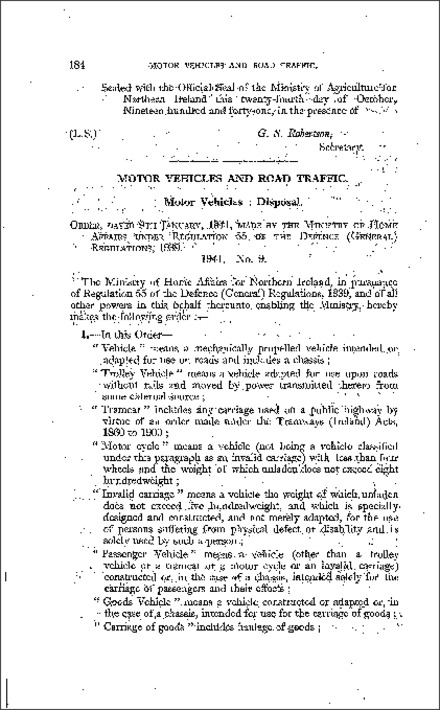 The Emergency Powers (Defence) Disposal of Motor Vehicles Order (Northern Ireland) 1941
