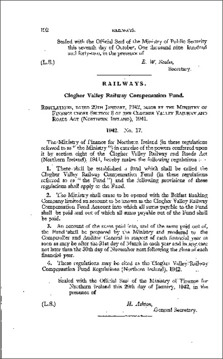 The Clogher Valley Railway Compensation Fund Regulations (Northern Ireland) 1942