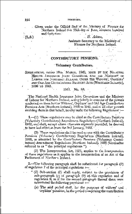 The Contributory Pensions (Voluntary Contributors) Amendment Regulations (Northern Ireland) 1942