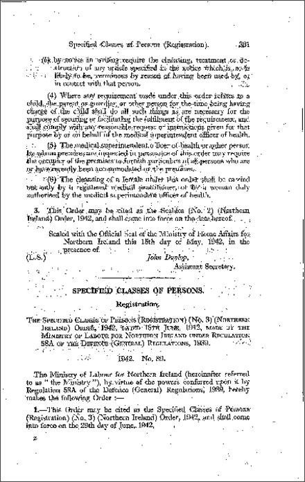 The Specified Classes of Persons (Registration) (No. 3) Order (Northern Ireland) 1942