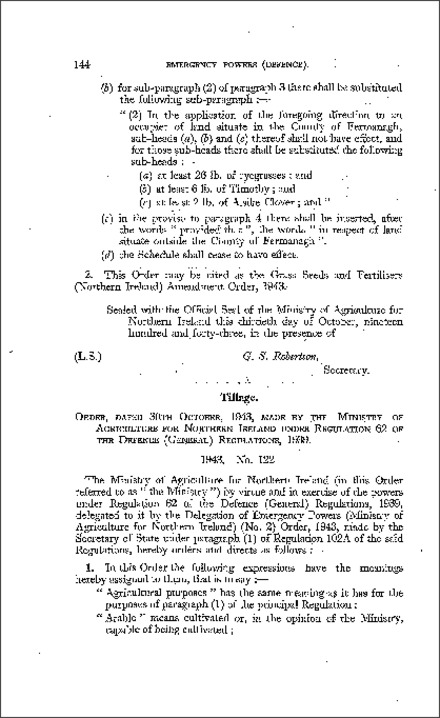 The Tillage General Order (Northern Ireland) 1943