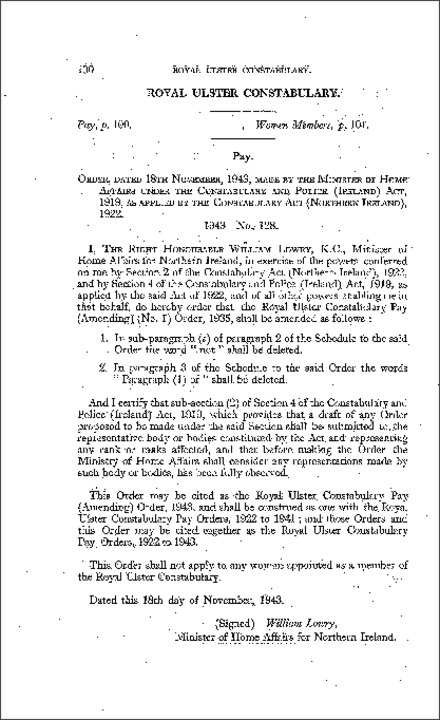 The Royal Ulster Constabulary Pay (Amending) Order (Northern Ireland) 1943