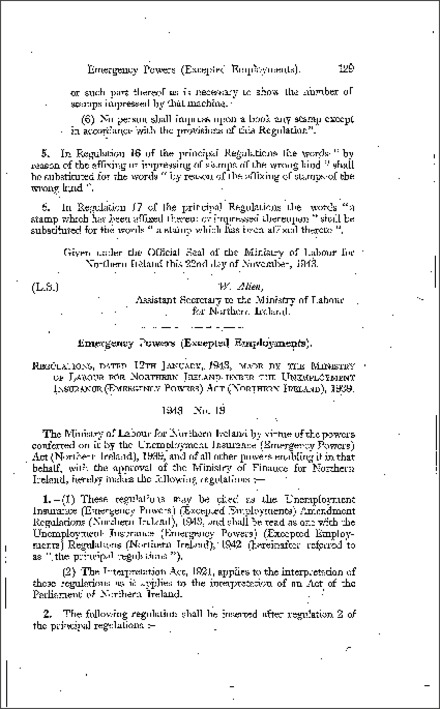 The Unemployment Insurance (Emergency Powers) (Excepted Employments) Amendment Regulations (Northern Ireland) 1943