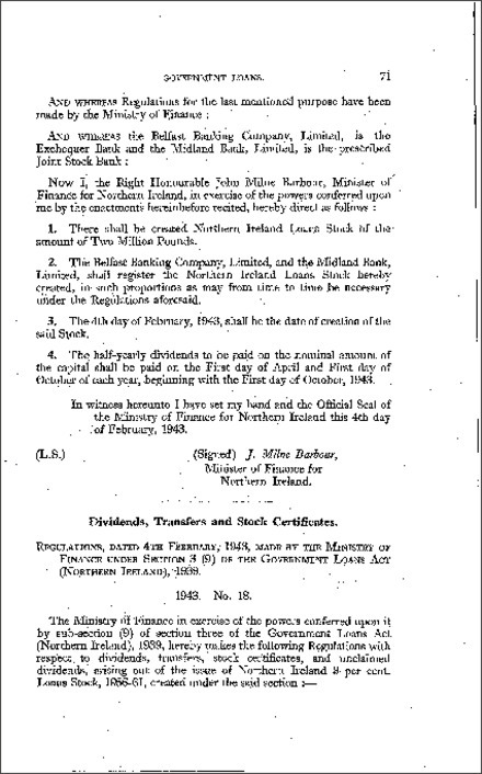 The Northern Ireland 3 per cent. Loans Stock Regulations (Northern Ireland) 1943