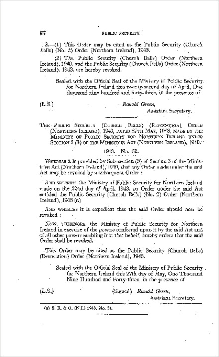 The Public Security (Church Bells) (Revocation) Order (Northern Ireland) 1943