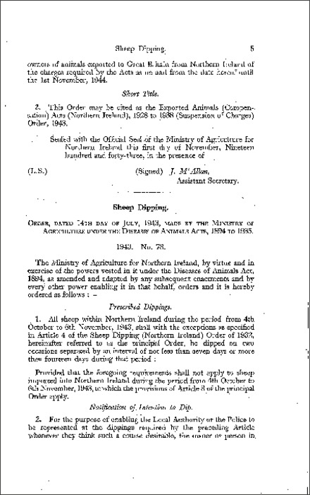The Sheep Dipping (Special Regulation) Order (Northern Ireland) 1943