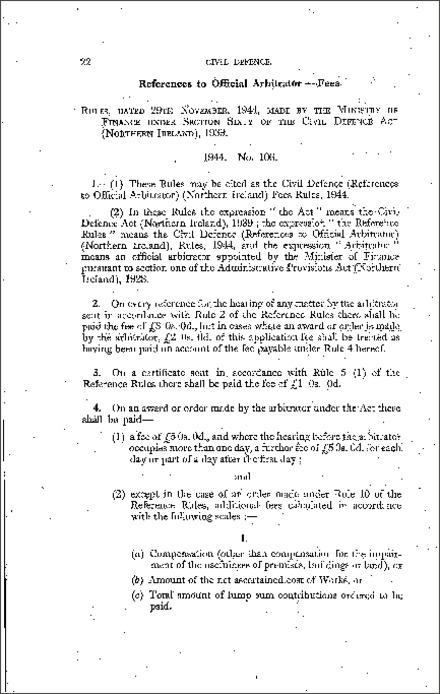 The Civil Defence (Reference to Official Arbitrator) Fees Rules (Northern Ireland) 1944