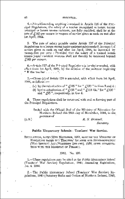 The Public Elementary Schools (Teachers' War Service) Amending No. 4 Regulations (Northern Ireland) 1944