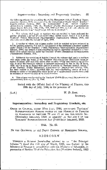 The Teachers' (Secondary and Preparatory) Superannuation (Amendment) Scheme (Northern Ireland) 1944