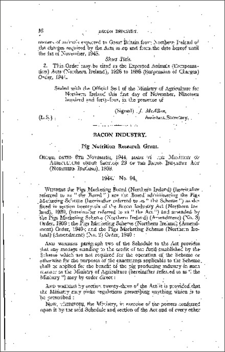 The Bacon Industry (Pig Nutrition Research Grant) Order (Northern Ireland) 1944