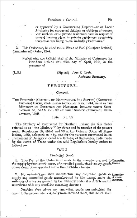 The Furniture (Control of Manufacture and Supply) Order (Northern Ireland) 1944