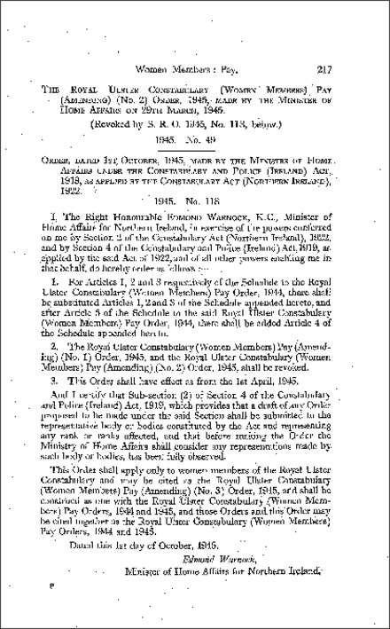 The Royal Ulster Constabulary (Women Members) Pay (Amendment) (No. 3) Order (Northern Ireland) 1945