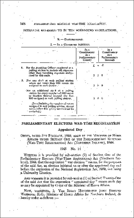 The Parliamentary Electors (War-Time Registration) Appointed Day Order (Northern Ireland) 1945