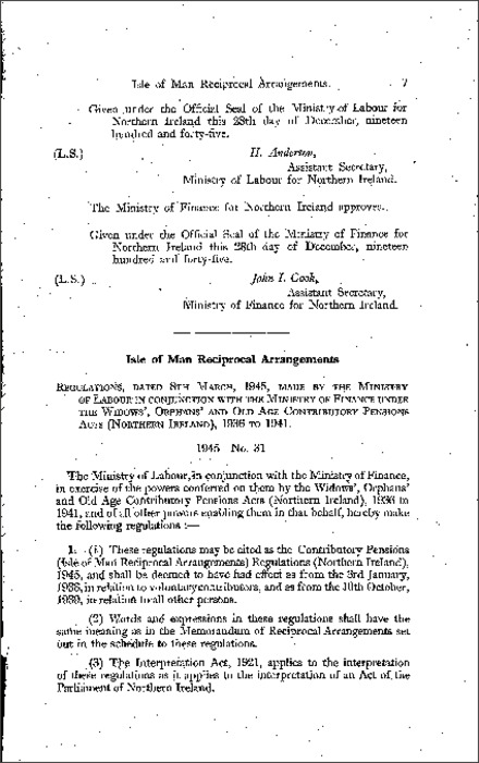 The Contributory Pensions (Isle of Man Reciprocal Arrangements) Regulations (Northern Ireland) 1945