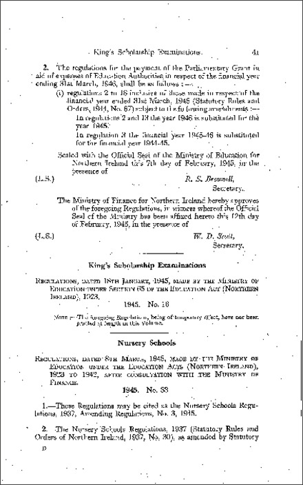 The Nursery Schools Amendment No. 3 Regulations (Northern Ireland) 1945