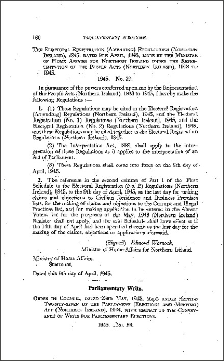 The Electoral Registration (Amendment) Regulations (Northern Ireland) 1945