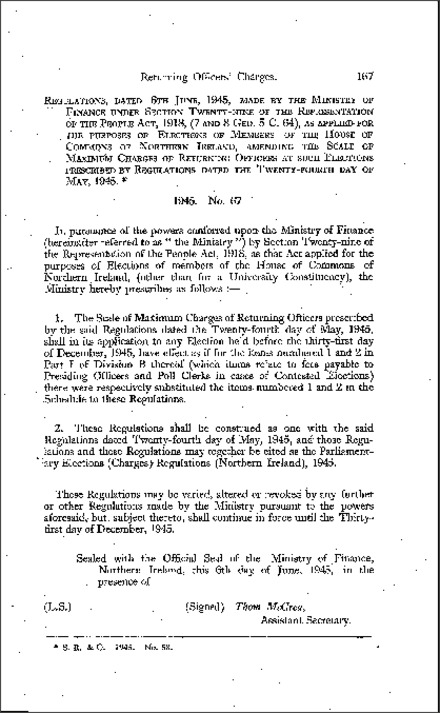 The Parliamentary Elections (Returning Officers' Charges) Regulations (Northern Ireland) 1945