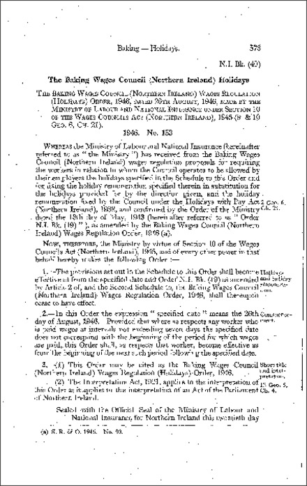 The Baking Wages Council Wages Regulations (Holidays) Order (Northern Ireland) 1946