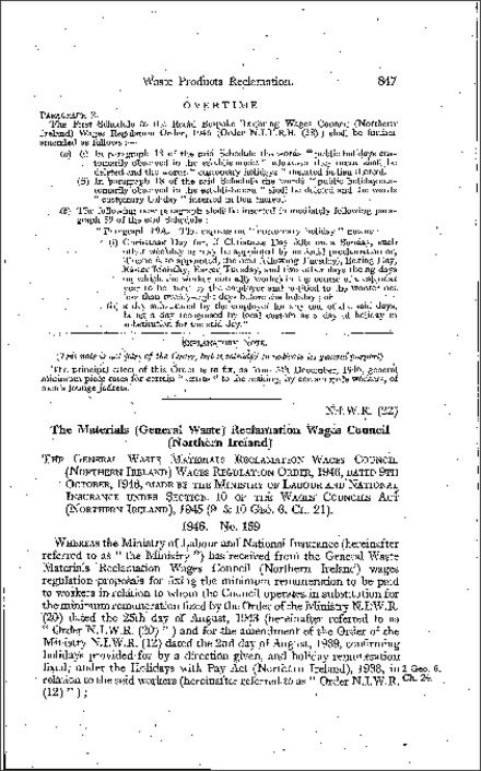 The General Waste Materials Reclamation Wages Council Wages Regulations Order (Northern Ireland) 1946