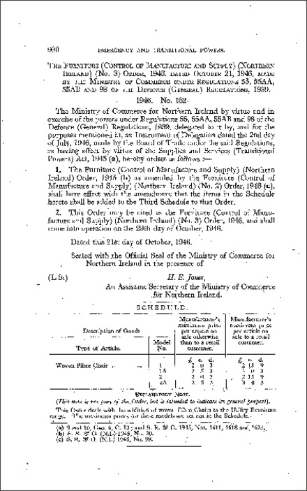 The Furniture (Control of Manufacture and Supply) (No. 3) Order (Northern Ireland) 1946
