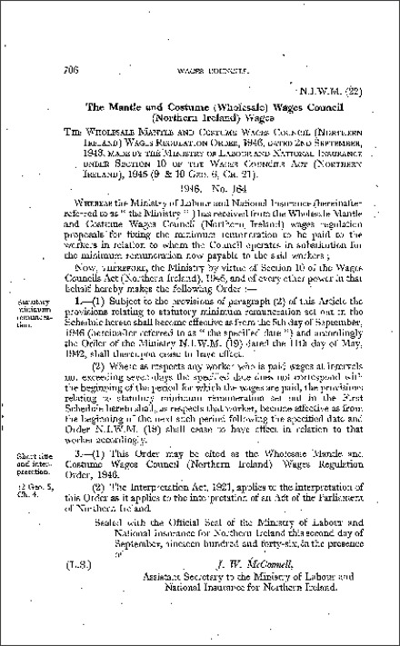 The Wholesale Mantle and Costume Wages Council Wages Regulations Order (Northern Ireland) 1946