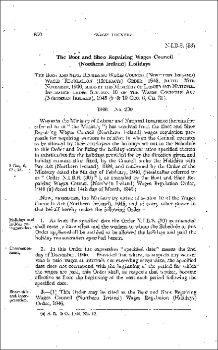 The Boot and Shoe Repairing Wages Council Wages Regulations (Holidays) Order (Northern Ireland) 1946