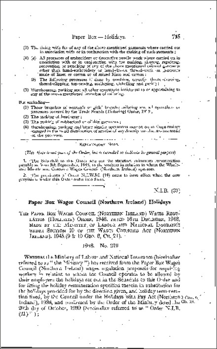 The Paper Box Wages Council Wages Regulations (Holidays) Order (Northern Ireland) 1946