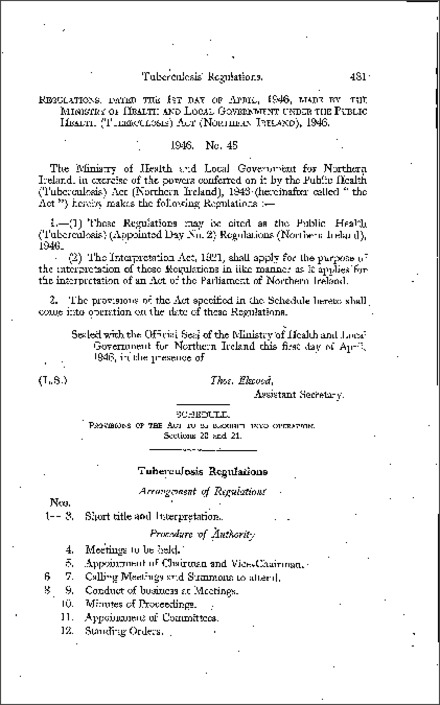 The Public Health (Tuberculosis) (Appointed Day No. 2) Regulations (Northern Ireland) 1946