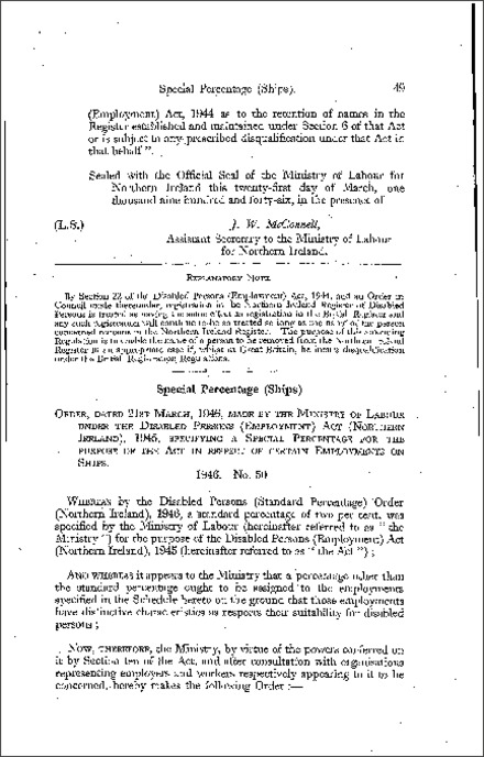 The Disabled Persons (Special Percentage) (Ships) Order (Northern Ireland) 1946