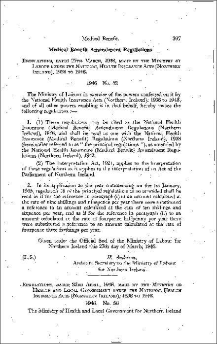 The National Health Insurance (Medical Benefit) Amendment Regulations (Northern Ireland) 1946