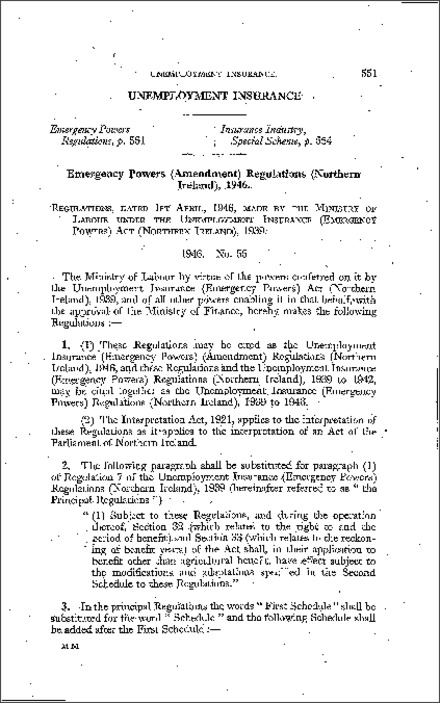 The Unemployment Insurance (Emergency Powers) (Amendment) Regulations (Northern Ireland) 1946