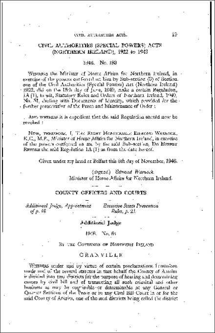 The County Officers and Courts: Appointment of Additional Judge (Northern Ireland) 1946