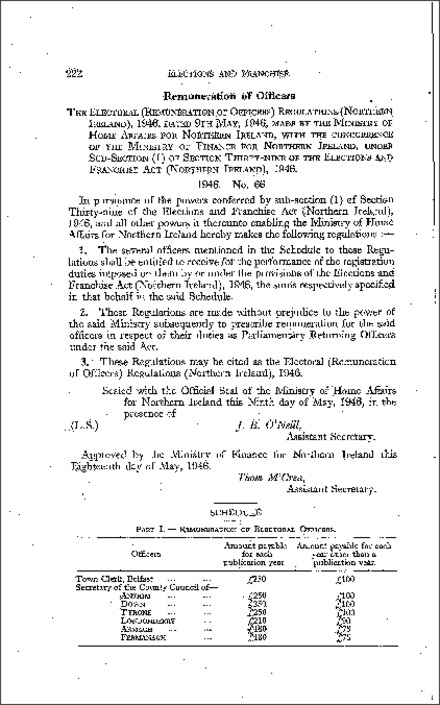 The Electoral (Remuneration of Officers) Regulations (Northern Ireland) 1946