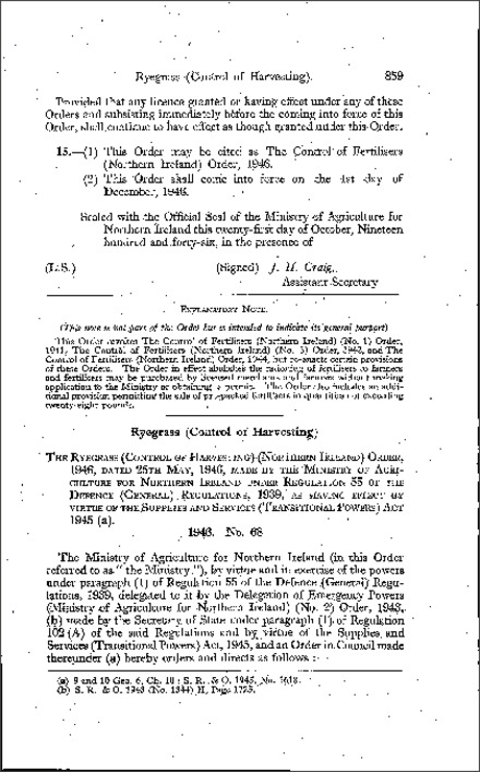 The Ryegrass (Control of Harvesting) Order (Northern Ireland) 1946