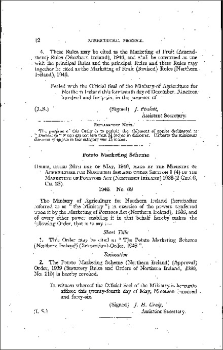 The Potato Marketing Scheme (Revocation) Order (Northern Ireland) 1946