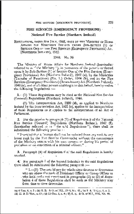 The Fire Service (General) Regulations (Northern Ireland) 1946