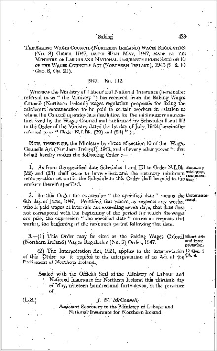 The Baking Wages Council Order (Northern Ireland) 1947