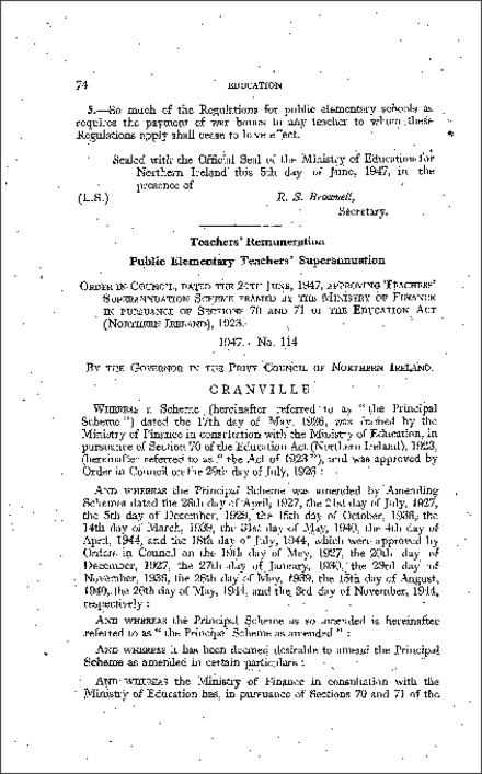 The Teachers' (Public Elementary) Superannuation (Amendment) Scheme (Northern Ireland) 1947