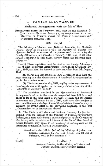 The Family Allowances (Isle of Man Reciprocal Arrangements) Regulations (Northern Ireland) 1947