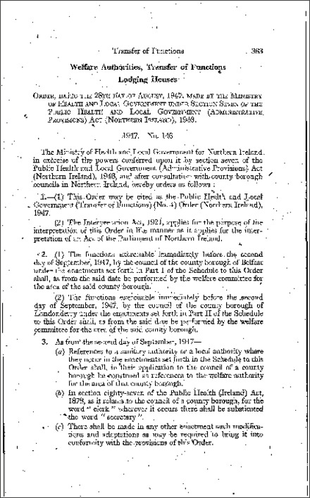 The Public Health and Local Government (Transfer of Functions) (No. 4) Order (Northern Ireland) 1947